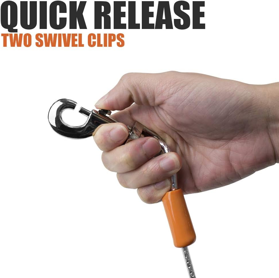 Dog Tie Out Cable 25 Feet - Heavy Duty Dog Lead up to 90 Pounds - Reflective & Rust-Free with Quick Release Swivel Clips & 360° Rotating Clasp - Tangle-Free Dogs Runner for Yard (Silver, Single)