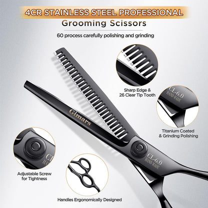 7Inch Professional 4CR Stainless Steel 6 in 1 Grooming Scissors for Dogs with Safety round Tip, Heavy Duty Titanium Coated Pet Grooming Scissor for Dogs, Cats and Other Animals