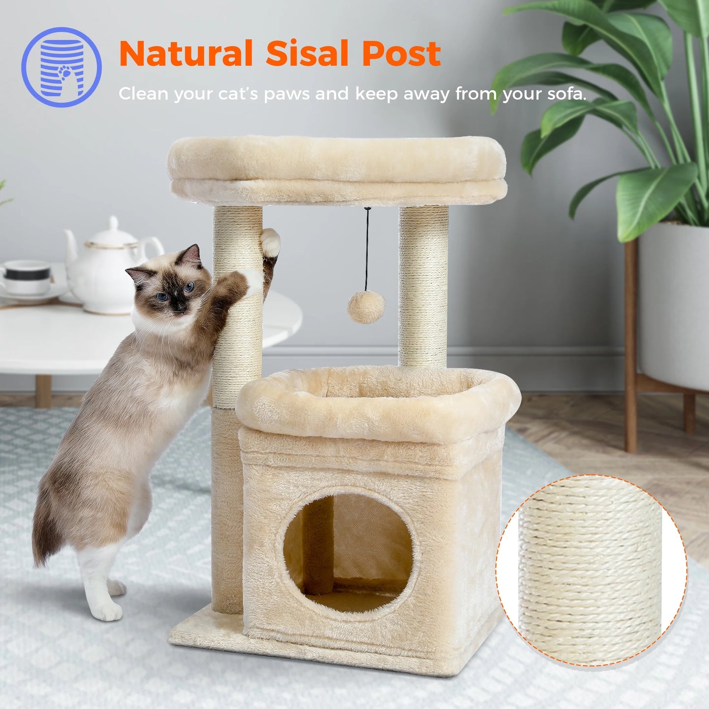 27-Inch Beige Plush Cat Tree with Condo and Scratching Posts for Medium Cats