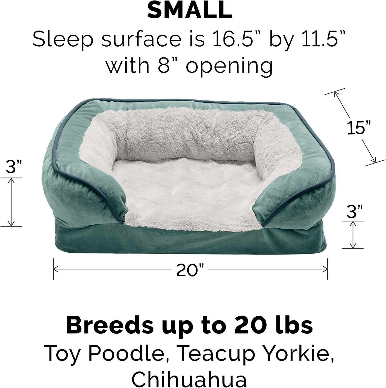 Orthopedic Dog Bed for Small Dogs W/ Removable Bolsters & Washable Cover, for Dogs up to 20 Lbs - Plush & Velvet Waves Perfect Comfort Sofa - Celadon Green, Small