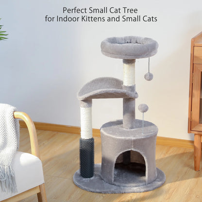 32.7-Inch Gray Cat Tree - Space-Saving Cat Tower with Scratching Posts, Condo, and Self-Grooming Toy