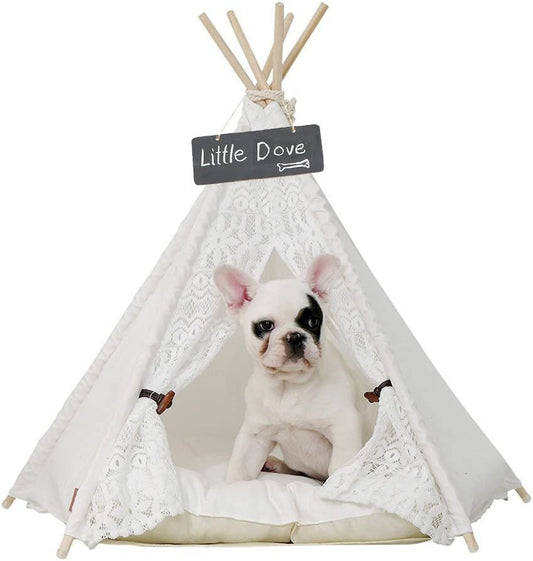 Pet Teepee Dog(Puppy) & Cat Bed - Portable Pet Tents & Houses for Dog(Puppy) & Cat Lace Style 24 Inch with Thick Cushion