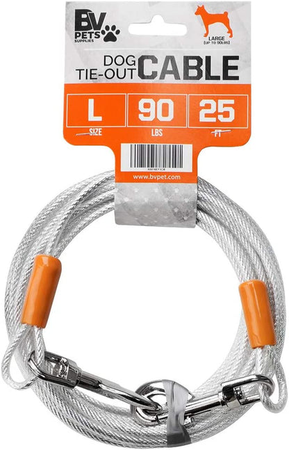 Dog Tie Out Cable 25 Feet - Heavy Duty Dog Lead up to 90 Pounds - Reflective & Rust-Free with Quick Release Swivel Clips & 360° Rotating Clasp - Tangle-Free Dogs Runner for Yard (Silver, Single)