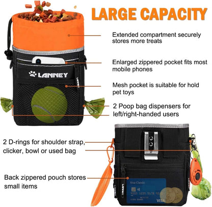 Professional Dog Training Treat Pouch with Metal Clip and Adjustable Shoulder Strap - Versatile Tote for Treats, Toys, and Waste Bags in Black and Orange