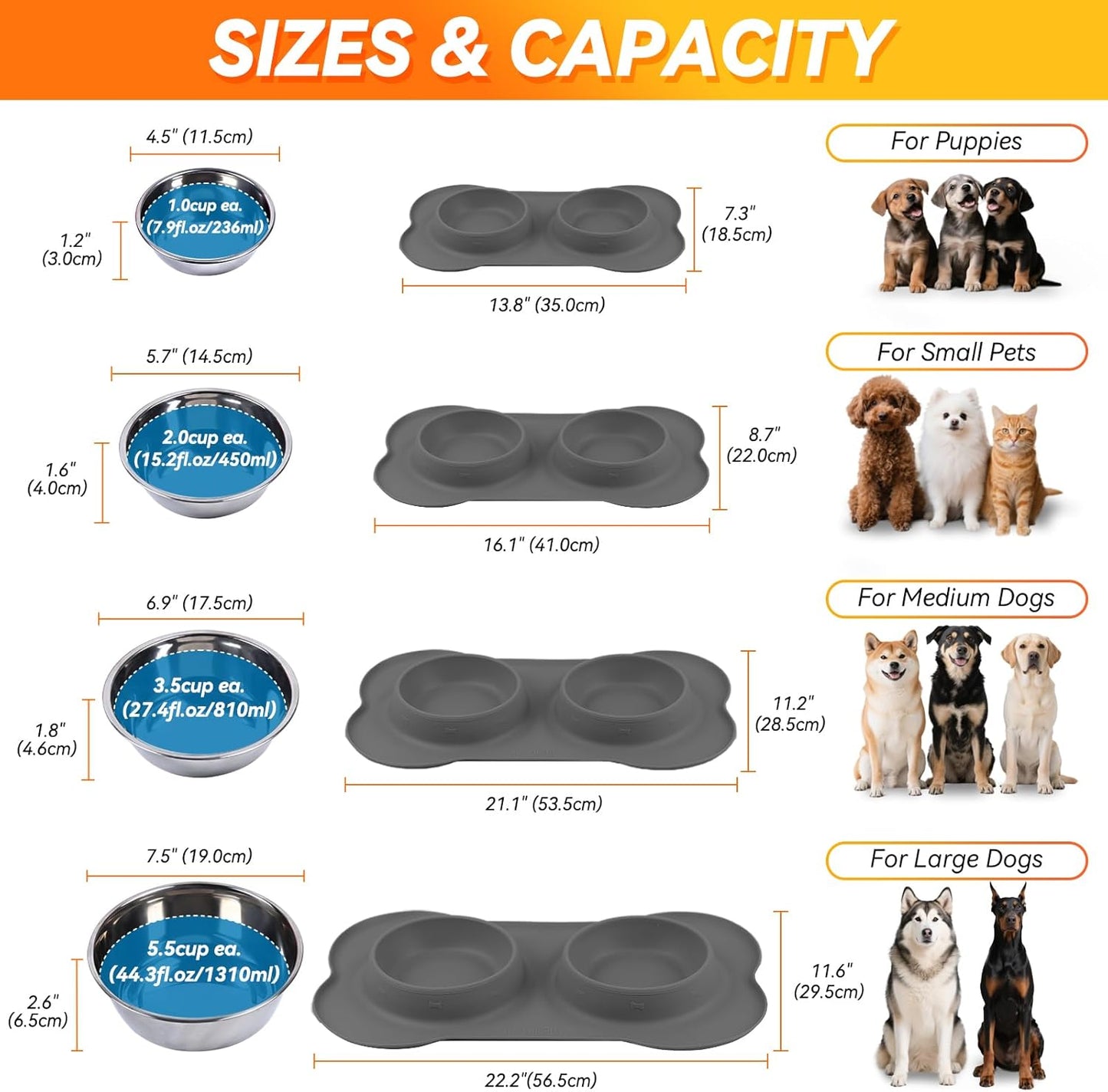 Dog Bowls, Dog Food Bowls, Stainless Steel Cat Puppy Water Bowls with Non Spill Skid Resistant Silicone Mat, Large, Black