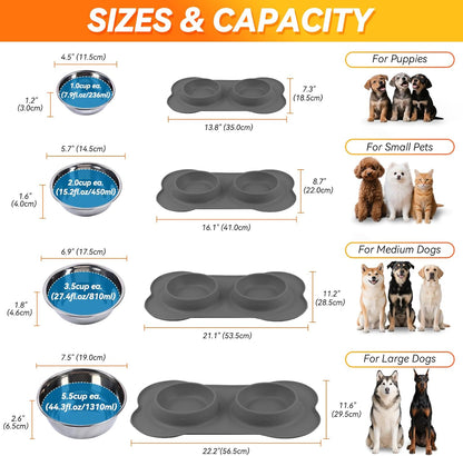 Dog Bowls, Dog Food Bowls, Stainless Steel Cat Puppy Water Bowls with Non Spill Skid Resistant Silicone Mat, Large, Black