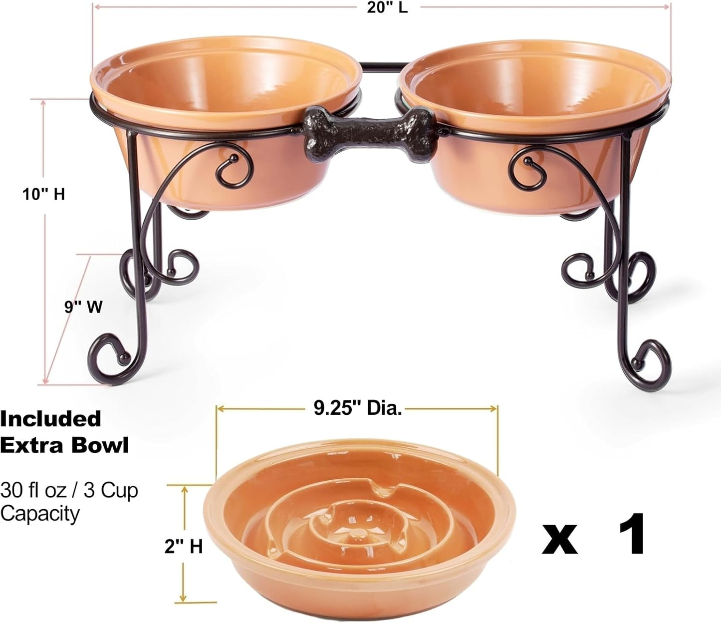 Dog Bowl Stand with 3 Ceramic Bowls - Raised Feeding Station for Medium & Large Dogs, Includes 2 Standard Bowls + 1 Slow Feeder, Durable Iron Frame, Non-Slip (Almond)