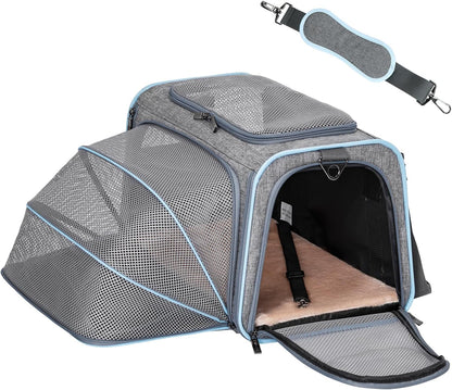 Expandable Cat Carrier Dog Carriers,Airline Approved Soft-Sided Portable Pet Travel Washable Carrier for Kittens,Puppies,Removable Soft Plush Mat and Pockets,Locking Safety Zippers