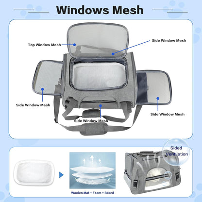 Pet Travel Carrier Soft Sided Portable Bag for Cats, Small Dogs, Kittens or Puppies, Collapsible, Durable, Airline Approved, Travel Friendly (Grey, 17.0" L X 10.0" W X 11.0" H) (Grey)