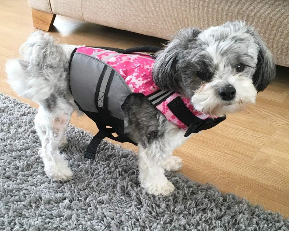 Sports Style Dog Life Vest, Dog Life Jacket for Swimming & Boating, Ripstop & Buoyancy for Puppy Doggy, Lifejacket with Handle, XS, Camo Pink