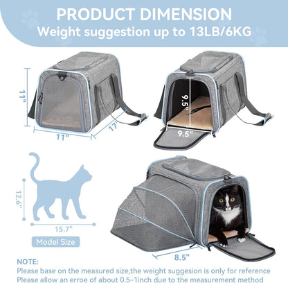 Expandable Cat Carrier Dog Carriers,Airline Approved Soft-Sided Portable Pet Travel Washable Carrier for Kittens,Puppies,Removable Soft Plush Mat and Pockets,Locking Safety Zippers