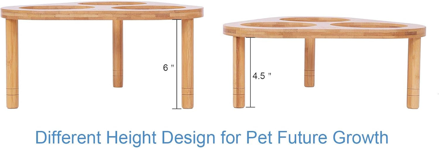 Raised Cat Feeder with Stand, Elevated Bamboo Stand with 3 Ceramic Bowls, anti Slip and Removable Feet