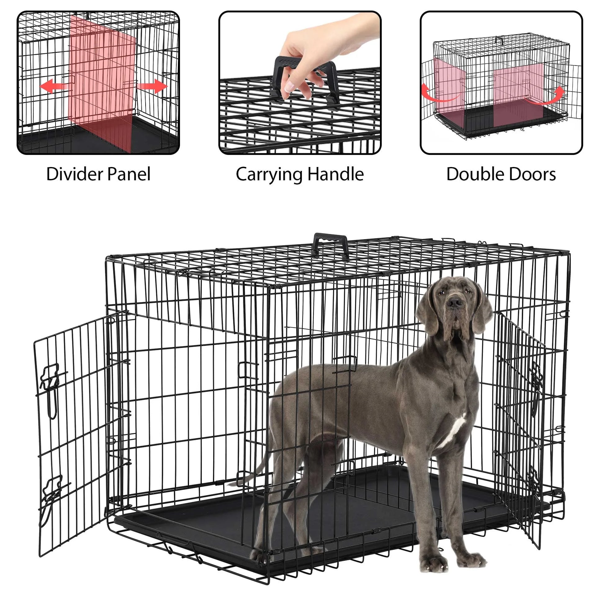 48-Inch Collapsible Metal Dog Crate with Dual Access Doors and Carry Handle, Suitable for Large and Medium Breeds, Includes Removable Plastic Tray, Black