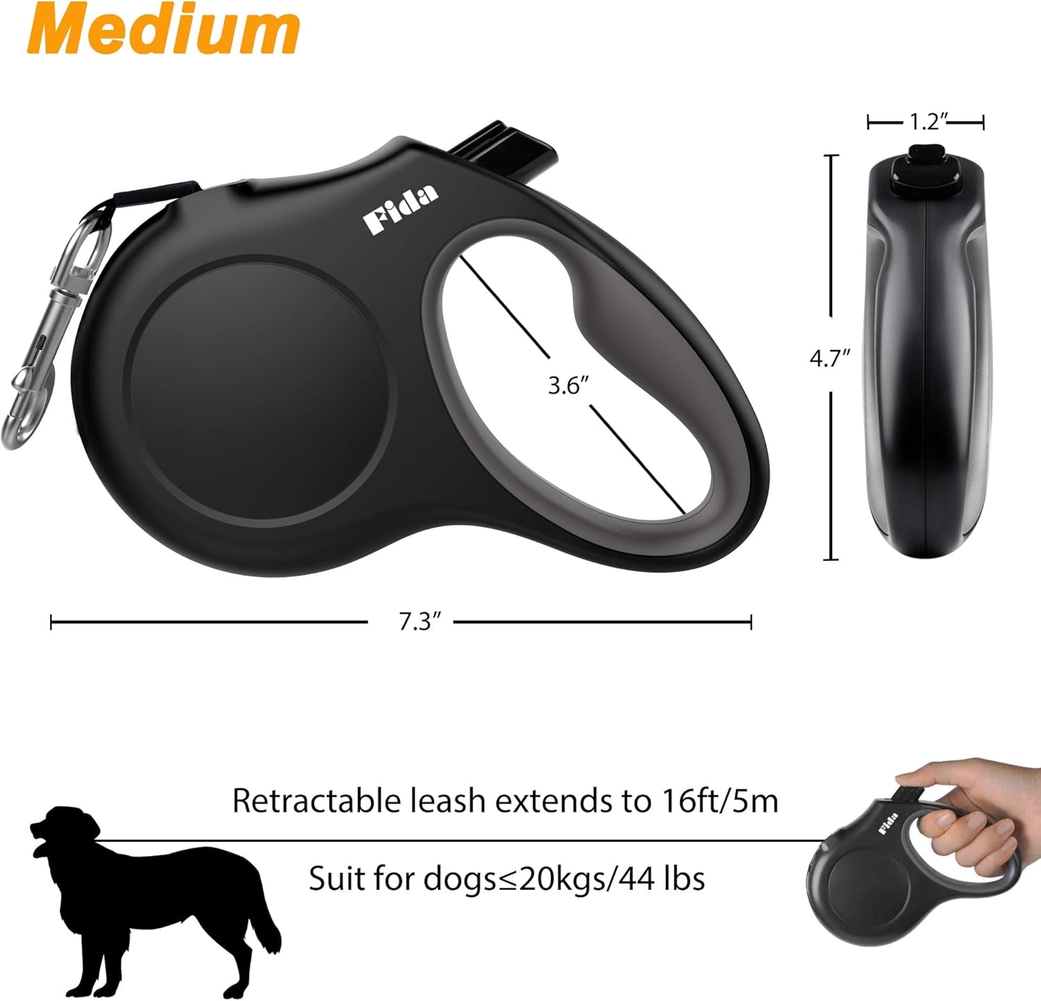 Retractable Dog Leash with Dispenser and Poop Bags, 16 Ft Pet Walking Leash for Medium Dog or Cat up to 44 Lbs, Anti-Slip Handle, Tangle-Free, Reflective Nylon Tape (M, Black)