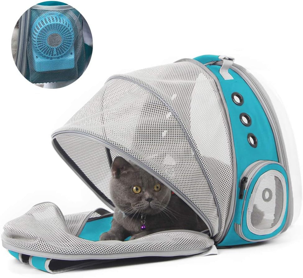 Cat Travel Backpack with Integrated Fan for Pets up to 12 lbs, Space Capsule Design with Clear Bubble Window - Green