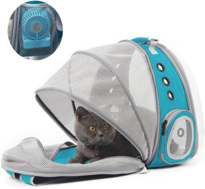 Cat Travel Backpack with Integrated Fan for Pets up to 12 lbs, Space Capsule Design with Clear Bubble Window - Green