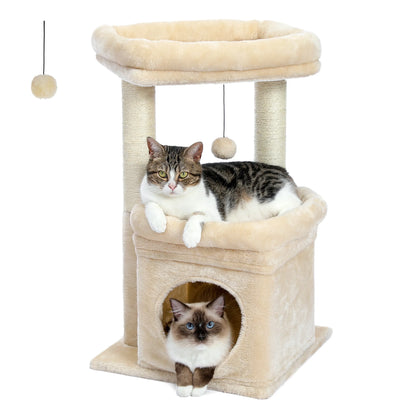 27-Inch Beige Plush Cat Tree with Condo and Scratching Posts for Medium Cats