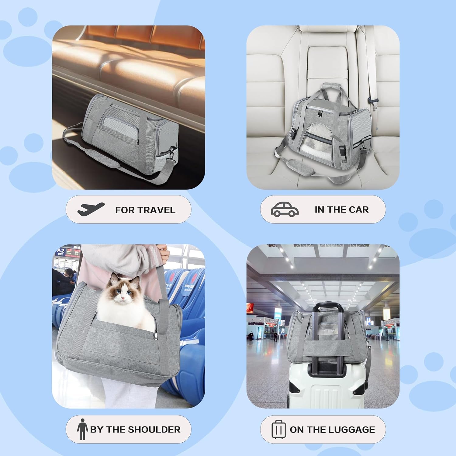 Pet Travel Carrier Soft Sided Portable Bag for Cats, Small Dogs, Kittens or Puppies, Collapsible, Durable, Airline Approved, Travel Friendly (Grey, 17.0" L X 10.0" W X 11.0" H) (Grey)