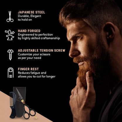 Premium Hand Forged Japanese Steel Hair Beard Mustache Scissors Cut Trim Groom Facial Hair Bangs (Black - 5.5")