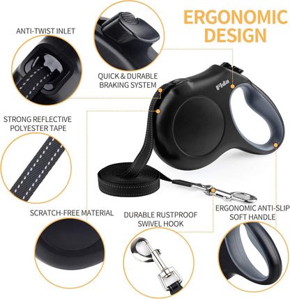 Retractable Dog Leash with Dispenser and Poop Bags, 16 Ft Pet Walking Leash for Medium Dog or Cat up to 44 Lbs, Anti-Slip Handle, Tangle-Free, Reflective Nylon Tape (M, Black)