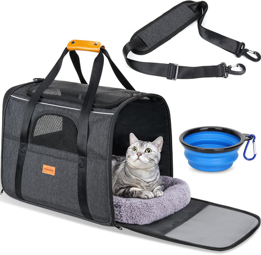 Cat Carrier - Cat Carrier Soft for Medium or Large Cats up to 20Lbs, with Dual-Sided Cushion, Secure Buckle and Foldable Bowl, Dog Carriers for Small Dogs - Pet Carrier (Dark Gray)