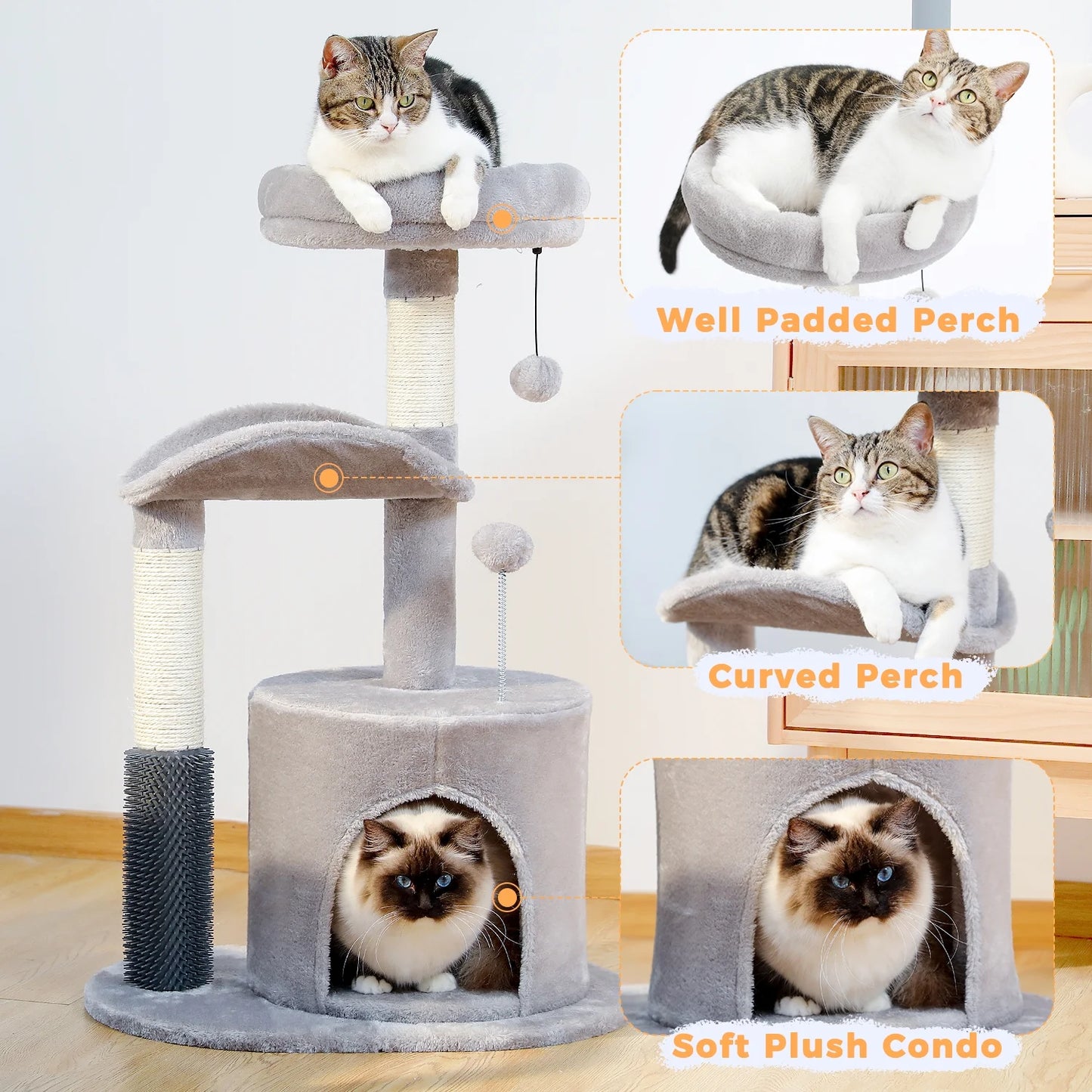 32.7-Inch Gray Cat Tree - Space-Saving Cat Tower with Scratching Posts, Condo, and Self-Grooming Toy