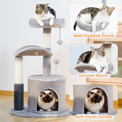 32.7-Inch Gray Cat Tree - Space-Saving Cat Tower with Scratching Posts, Condo, and Self-Grooming Toy