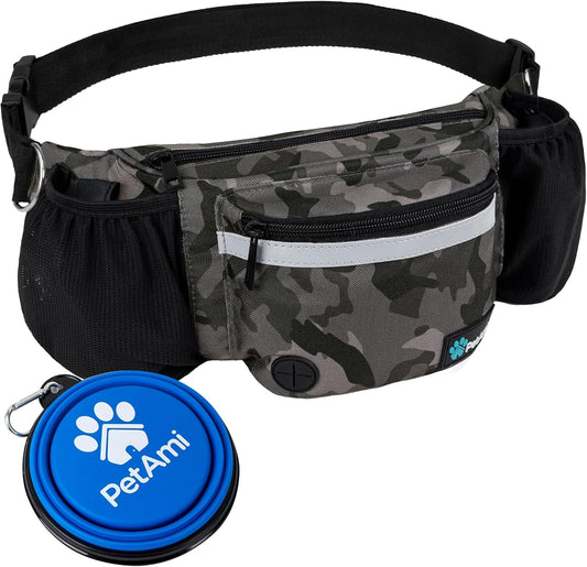Dog Fanny Pack, Treat Pouch for Dog Walking, Training, Built in Poop Bag Dispenser, Water Bottle Holder, Collapsible Bowl, Pet Treat Waist Belt for Hiking, Running, Kibbles (Camo Black)