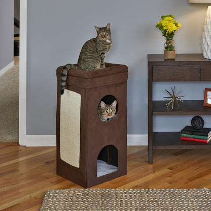 Feline Nuvo Curious Cat Condo, Tri-Level Cat Tree, Faux Brown Suede with Hideaways, Bed Top & Sisal Scratch Panel, for Multiple Cats