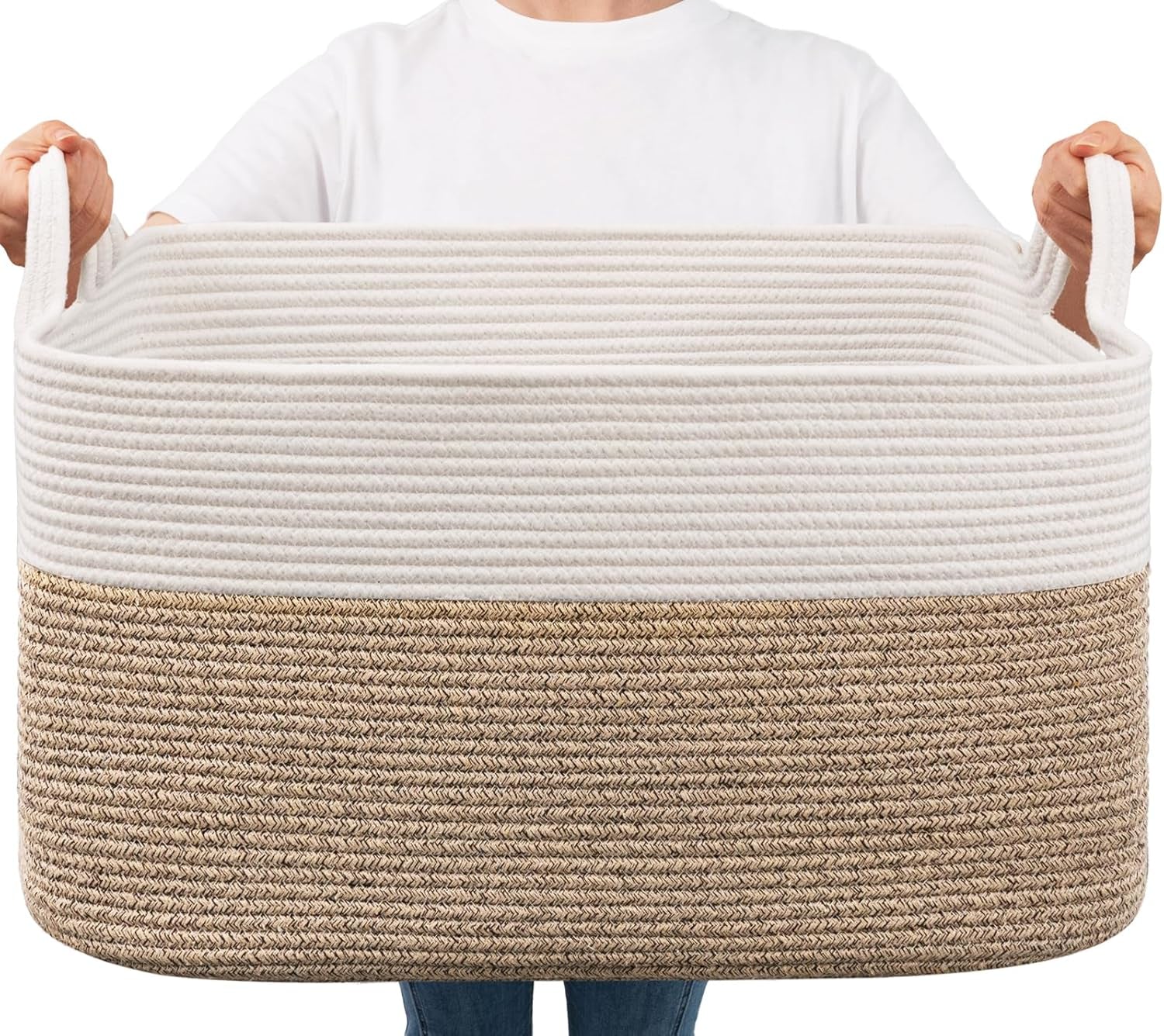 Large Woven Blanket Basket, 21.6" X 14.9" X 11.8" Storage Baskets for Organizing, Rectangle Cotton Rope Toy Basket for Living Room, Bedroom, White & Brown