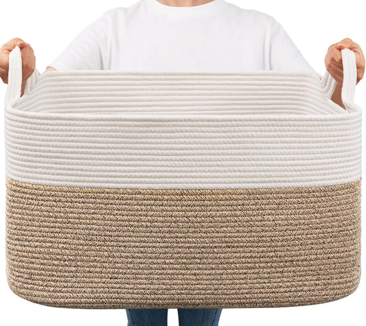 Large Woven Blanket Basket, 21.6" X 14.9" X 11.8" Storage Baskets for Organizing, Rectangle Cotton Rope Toy Basket for Living Room, Bedroom, White & Brown