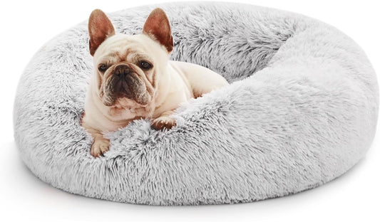 Calming Donut Pet Bed for Indoor Cats and Small to Medium Dogs, Anti-Anxiety Design, Fluffy Faux Fur, Washable, Grey, 24 Inches