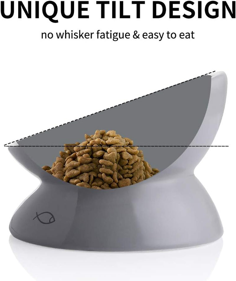Elevated Ceramic Cat Bowls for Food and Water with Slanted Design for Spine Support and Backflow Prevention (Gray)