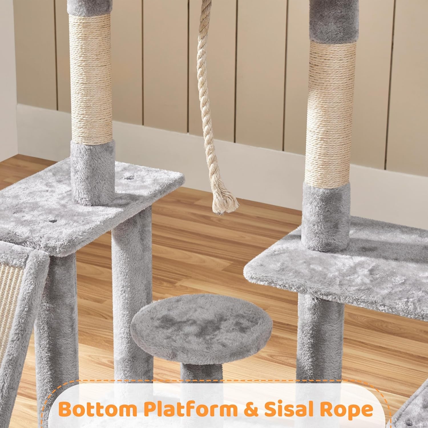 53.5-Inch Cat Tree with Sisal Scratching Posts, Condo, Perches, and Wide Platform for Indoor Kittens and Adult Cats in Light Gray