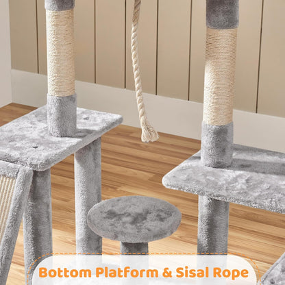 53.5-Inch Cat Tree with Sisal Scratching Posts, Condo, Perches, and Wide Platform for Indoor Kittens and Adult Cats in Light Gray