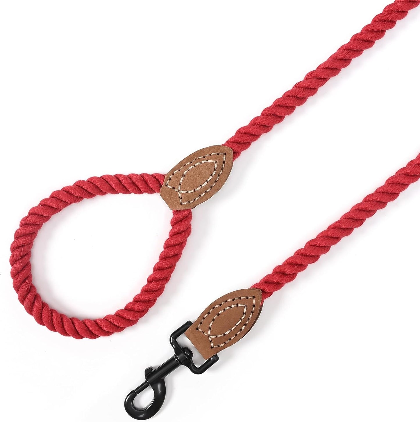 Braided Cotton Rope Dog Leash with Leather Tip - Durable Metal Clasp, 5FT Length, 1/2" Thickness - Perfect for Medium to Large Breeds (Red)