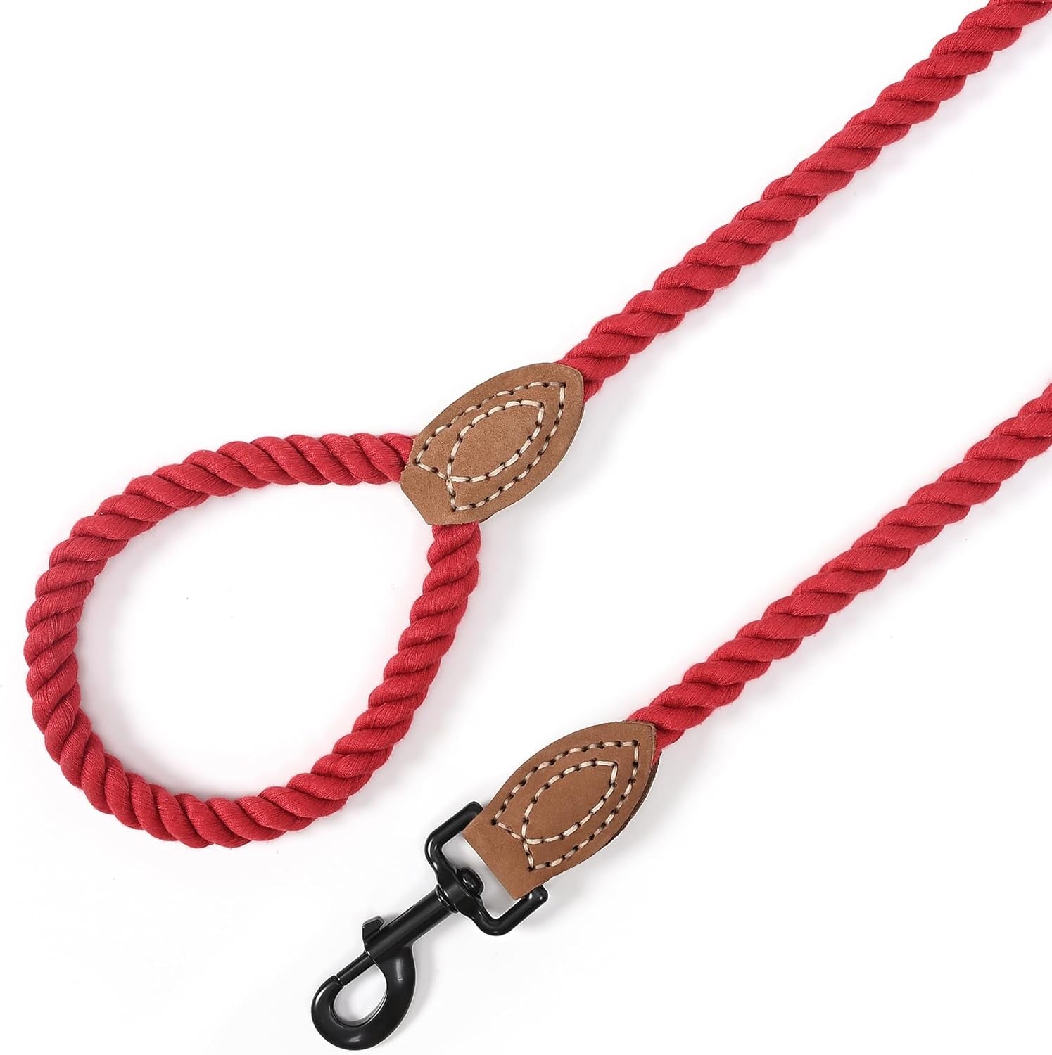 Braided Cotton Rope Dog Leash with Leather Tip - Durable Metal Clasp, 5FT Length, 1/2" Thickness - Perfect for Medium to Large Breeds (Red)