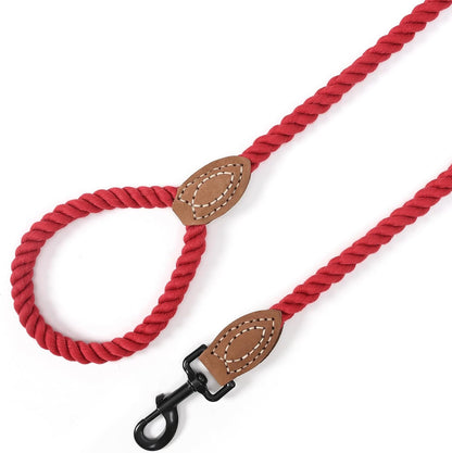 Braided Cotton Rope Dog Leash with Leather Tip - Durable Metal Clasp, 5FT Length, 1/2" Thickness - Perfect for Medium to Large Breeds (Red)