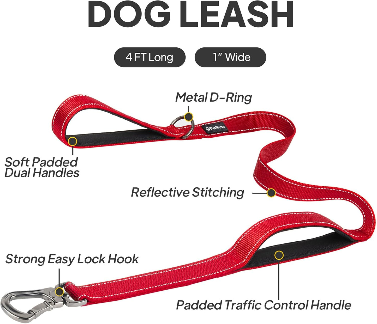 4FT Heavy-Duty Dog Leash with Padded Dual Handles, Durable Clasp, and Reflective Nylon for All Breeds - Red