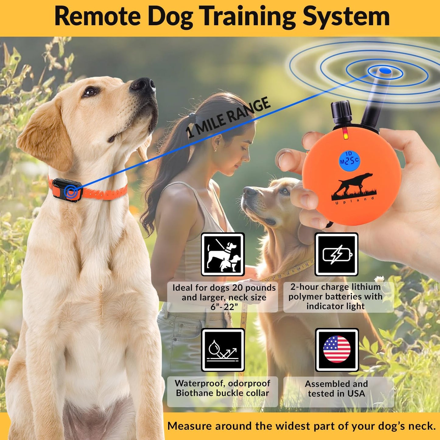 E-Collar Humane Dog Training Collar with Remote, 100 Safe Tapping Stimulation Levels, Night Light, Waterproof, Rechargeable, 1 Mile 2 Large Dogs, Orange