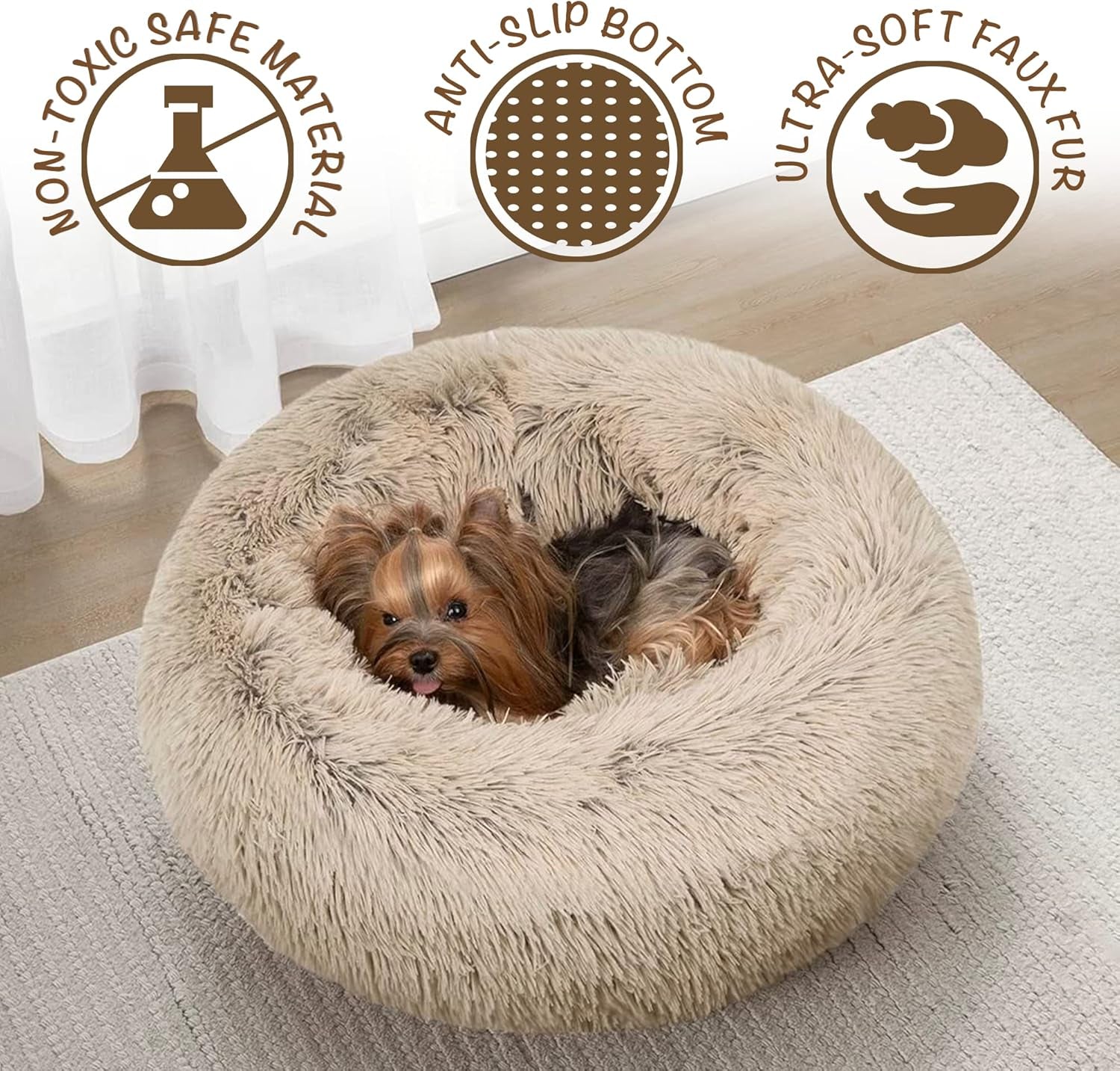 Donut Dog Bed Faux Fur Fluffy Calming Sofa for Medium Dogs, Soft & Plush anti Anxiety Pet Couch for Dogs, Machine Washable Coco Pet Bed with Non-Slip Bottom, 30"X30"X7" Tan