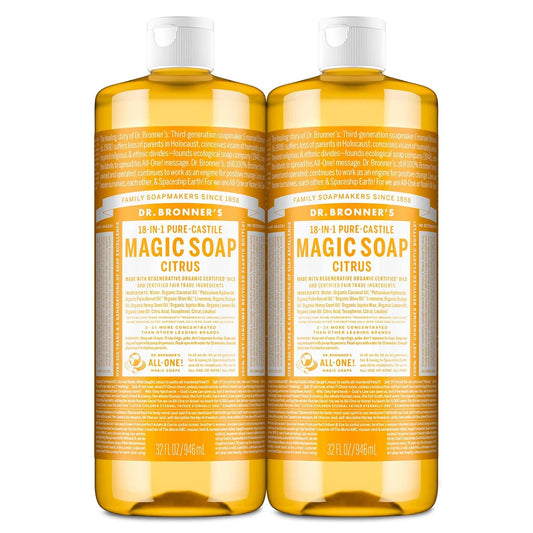 Magic Soap-Pure-Castile Liquid Soap (Citrus, 32Oz, 2-Pack)-Regenerative Organic Certified Oils, 18-In-1 Uses: Body, Hair, Laundry, Pets & Dishes, Concentrated, Vegan, Non-Gmo