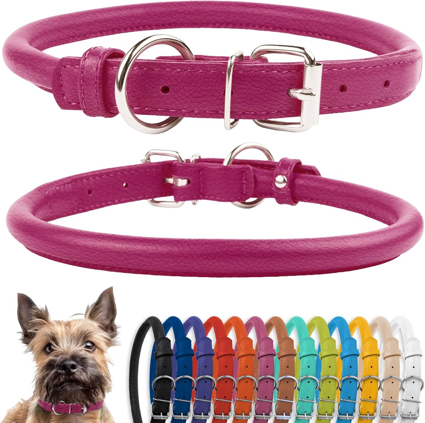 Rolled Leather Dog Collar, Soft Padded round Puppy Collar, Handmade Genuine Leather Collar Dog Small Large Cat Collars 13 Colors (6-7 Inch, Pink Textured)
