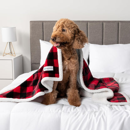 Waterproof Dog Blanket for Medium Large XL Dog Puppy Cat Throw for Couch Cover Leakproof Protection, Sherpa Fleece, Reversible Soft Washable 80X60 Checker Plaid Red